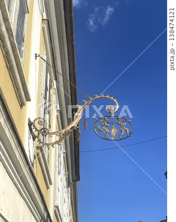 Ornate Wrought Iron Sign Historic Building Fish Tavern Restaurant Decorative Metalwork 138474121