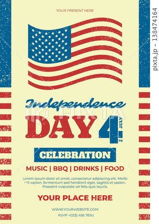 Retro Independence Day celebration poster with waving American flag and bold typography. Vintage 4th of July event flyer in patriotic Americana style. Vector illustration Retro Independence Day celebration poster with waving American flag and bold typography. Vintage 4th of July event flyer in patriotic Americana style. Vector illustration 138474164