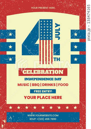 Retro 4th of July celebration poster with large number four, patriotic frame and festive typography. Vintage Independence Day event design in Americana style. Vector illustration 138474165