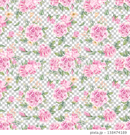 Pink rose watercolor seamless pattern, delicate floral repeat backdrop with flowers. Pastel color botanical summer Illustration isolated from background for wrapping paper, packaging, textile Pink rose watercolor seamless pattern, delicate floral repeat backdrop with flowers. Pastel color botanical summer Illustration isolated from background for wrapping paper, packaging, textile 138474189