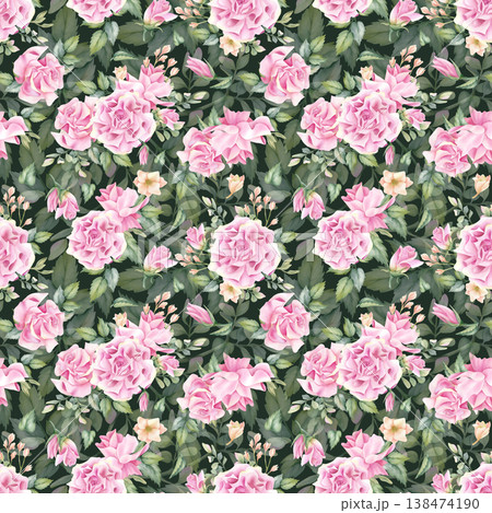 Watercolor pink flowers seamless pattern on dark green background. Floral ornate delicate flowers. Botanical spring hand painted Illustration for wallpaper, packaging, textile, wrapping paper design Watercolor pink flowers seamless pattern on dark green background. Floral ornate delicate flowers. Botanical spring hand painted Illustration for wallpaper, packaging, textile, wrapping paper design 138474190