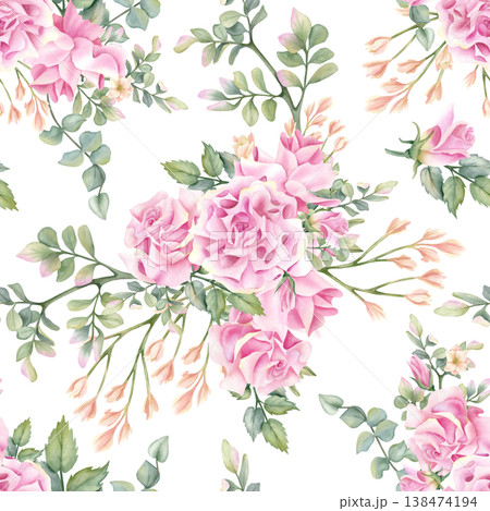 Summer floral seamless pattern watercolor, delicate pink rose and freesia with greenery. Fresh flowers. Pastel color botanical beautiful Illustration isolated from background for packaging, textile Summer floral seamless pattern watercolor, delicate pink rose and freesia with greenery. Fresh flowers. Pastel color botanical beautiful Illustration isolated from background for packaging, textile 138474194