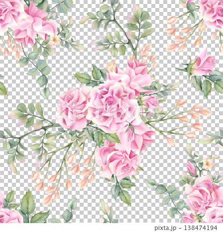 Summer floral seamless pattern watercolor, delicate pink rose and freesia with greenery. Fresh flowers. Pastel color botanical beautiful Illustration isolated from background for packaging, textile Summer floral seamless pattern watercolor, delicate pink rose and freesia with greenery. Fresh flowers. Pastel color botanical beautiful Illustration isolated from background for packaging, textile 138474194