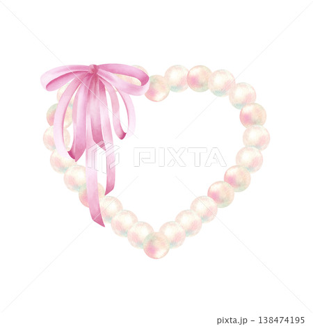 Pearl heart tied pink double bow. Watercolor composition with silk ribbon and delicate beads. Love symbol for Valentine and Wedding Day. Elegant hand painted illustration isolated from background Pearl heart tied pink double bow. Watercolor composition with silk ribbon and delicate beads. Love symbol for Valentine and Wedding Day. Elegant hand painted illustration isolated from background 138474195
