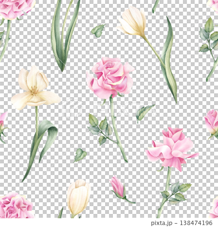 Beautiful botanical delicate watercolor seamless pattern. Repeat background with rose and blooming tulips. Hand painted garden flowers. Illustration for card, textile design, wallpapers, packaging Beautiful botanical delicate watercolor seamless pattern. Repeat background with rose and blooming tulips. Hand painted garden flowers. Illustration for card, textile design, wallpapers, packaging 138474196