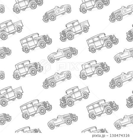 Retro car sedan, coupe, roadster, pickup truck. Vintage engraving seamless pattern 138474316