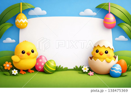 Playful Chicks with Colorful Eggs in Spring Garden Playful Chicks with Colorful Eggs in Spring Garden 138475369