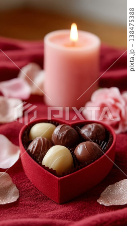 Romantic heart shaped chocolate gift with candle and rose petals Romantic heart shaped chocolate gift with candle and rose petals 138475388