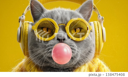 Cool Cat Wearing Yellow Headphones and Sunglasses Cool Cat Wearing Yellow Headphones and Sunglasses 138475408