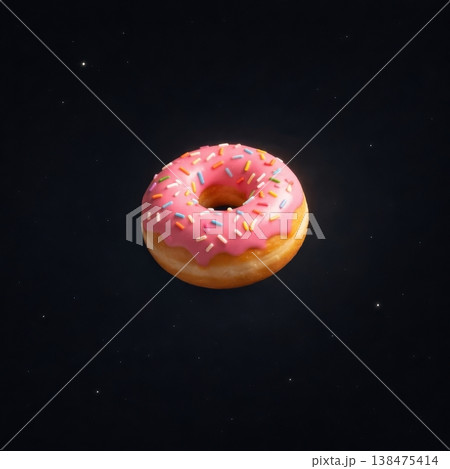 Pink Frosted Donut with Colorful Sprinkles Floating in Space 138475414