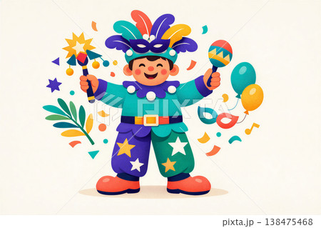 Colorful Carnival Performer Wearing Festive Jester Costume Colorful Carnival Performer Wearing Festive Jester Costume 138475468