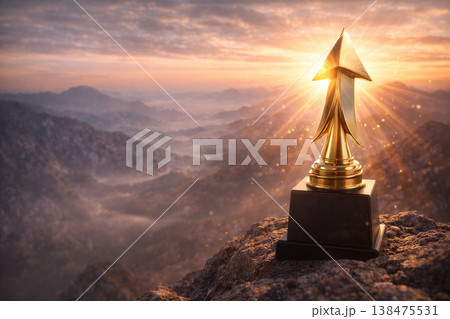 Golden Trophy Arrow Reaching Mountain Peak 138475531