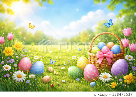 Easter Basket Among Spring Meadow Flowers Easter Basket Among Spring Meadow Flowers 138475537