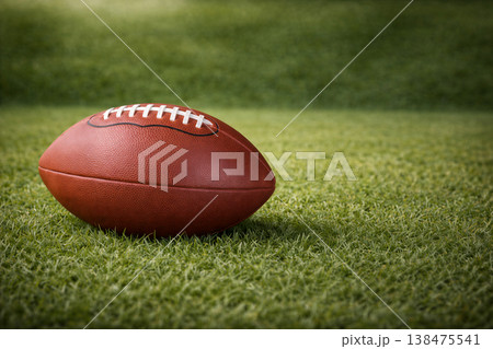 Brown Football Resting On A Green Grass Field Brown Football Resting On A Green Grass Field 138475541