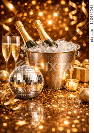 Golden Celebration With Champagne And Disco Ball 138475548