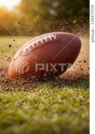 Leather Football Kicking Up Mud On Field Leather Football Kicking Up Mud On Field 138475556