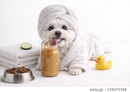 Pampered Puppy Enjoying Spa Time With Treats Pampered Puppy Enjoying Spa Time With Treats 138475588