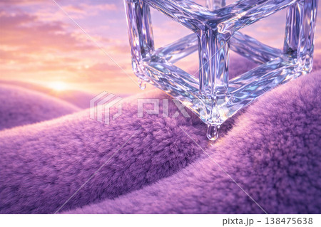 Crystal Cube Resting On Plush Purple Surface Crystal Cube Resting On Plush Purple Surface 138475638