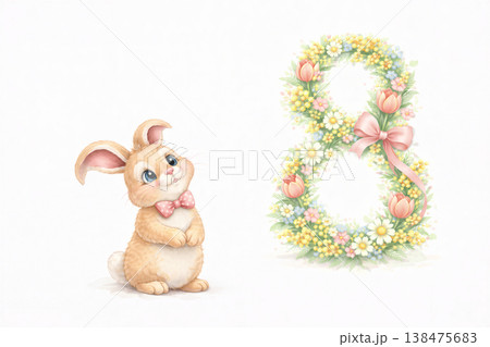 Whimsical Spring Bunny With Floral Wreath 138475683