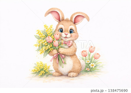 Adorable Bunny Holding Spring Flower Bouquet 138475690