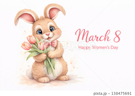 Cute Bunny Holding Tulips For Womens Day Cute Bunny Holding Tulips For Womens Day 138475691
