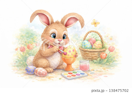 Gentle Bunny Painting Easter Eggs In Meadow 138475702