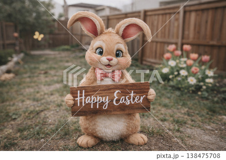 Cute Easter Bunny Holding Wooden Sign Cute Easter Bunny Holding Wooden Sign 138475708