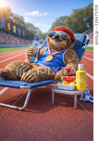 Champion Sloth Relaxing Trackside After Winning 138475709