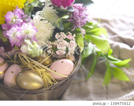 Easter Spring Basket With Pastel Eggs Easter Spring Basket With Pastel Eggs 138475812