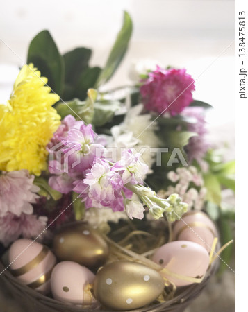 Spring Floral Basket With Painted Eggs 138475813