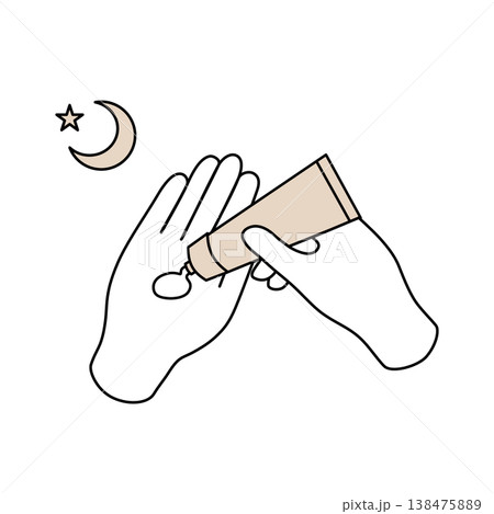 ハンドクリームを塗る手元のシンプルな線画イラスト（ベージュ・ナイトケア） 138475889