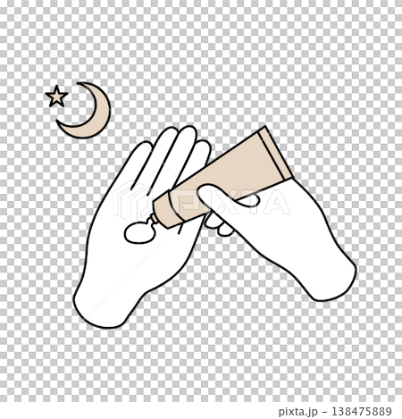 ハンドクリームを塗る手元のシンプルな線画イラスト（ベージュ・ナイトケア） 138475889