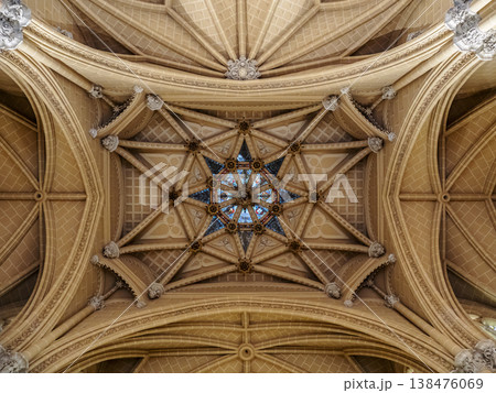 Ornate Gothic Vaulted Ceiling With Stained Glass Star and Intricate Ribbed Stonework In Sacred Heart Church Interior, Malaga Ornate Gothic Vaulted Ceiling With Stained Glass Star and Intricate Ribbed Stonework In Sacred Heart Church Interior, Malaga 138476069