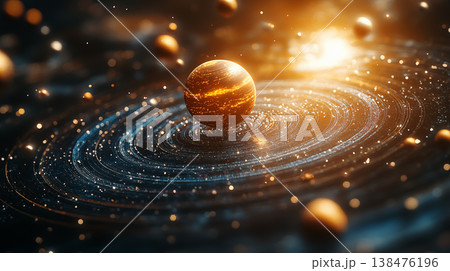 Golden planet orbiting in cosmic swirl of light and energy. Concept of space exploration 138476196
