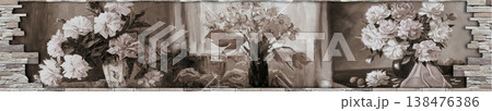 Panoramic vintage peony mural framed by rustic stone wall with monochrome vases and old window view 138476386