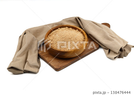 Organic Oleaster Seed Powder in a Rustic Wooden Bowl on a Clean White Background for Healthy Living Organic Oleaster Seed Powder in a Rustic Wooden Bowl on a Clean White Background for Healthy Living 138476444