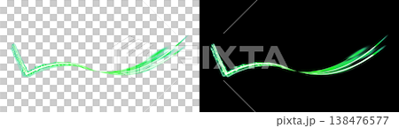 Design elements featuring shimmering green wavy lines of light on transparent and black backgrounds. 138476577