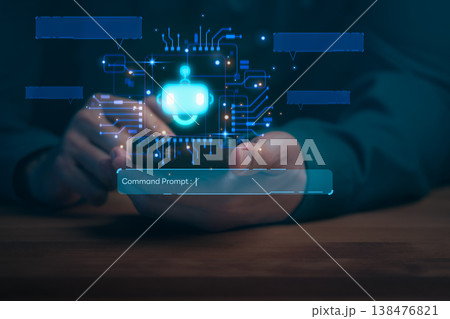 AI chatbot technology concept. Hand holding smartphone with digital artificial intelligence robot and command prompt for future automation and innovation. AI chatbot technology concept. Hand holding smartphone with digital artificial intelligence robot and command prompt for future automation and innovation. 138476821