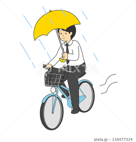 自転車で傘差し運転をするビジネスマンのイラスト 雨の日 通勤 違反 NG 138477324