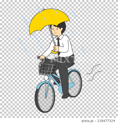 自転車で傘差し運転をするビジネスマンのイラスト 雨の日 通勤 違反 NG 138477324