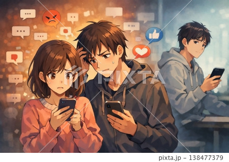 SNSの空気に戸惑う男女 スマホを見て悩む人間関係と同調圧力のイメージ 138477379
