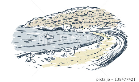 Matala beach. Crete. Greece. Handdrawn coastline. Vector illustration Matala beach. Crete. Greece. Handdrawn coastline. Vector illustration 138477421