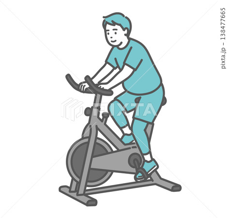 笑顔でフィットネスバイクを漕ぐぽっちゃり男性のイラスト 138477665