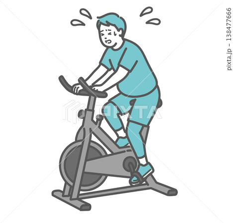 辛そうにフィットネスバイクを漕ぐぽっちゃり男性のイラスト 138477666