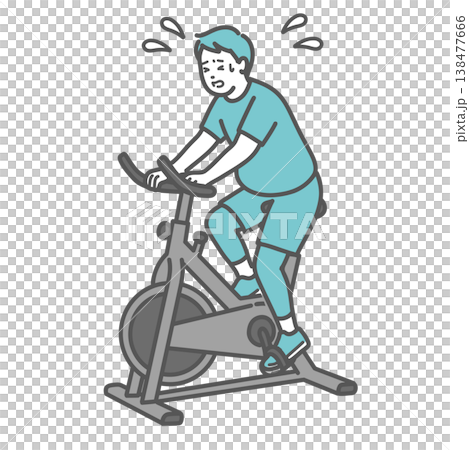 辛そうにフィットネスバイクを漕ぐぽっちゃり男性のイラスト 138477666