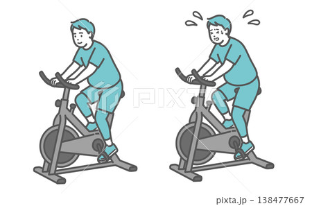 笑顔でフィットネスバイクを漕ぐぽっちゃり男性と辛そうにするぽっちゃり男性の比較セットイラスト 138477667