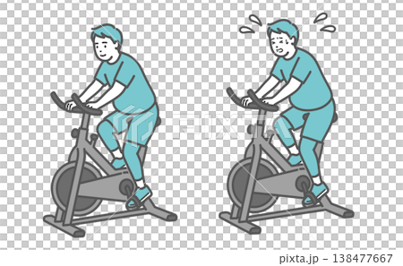 笑顔でフィットネスバイクを漕ぐぽっちゃり男性と辛そうにするぽっちゃり男性の比較セットイラスト 138477667