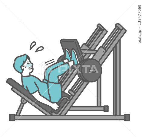 辛そうにレッグプレスマシンを使うぽっちゃり男性のイラスト 138477669