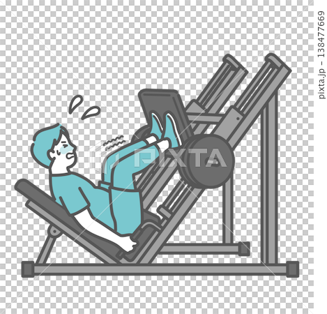 一幅插圖,描繪了一個身材矮胖的男人努力使用腿部推蹬機的情景。 一幅插圖,描繪了一個身材矮胖的男人努力使用腿部推蹬機的情景。 138477669