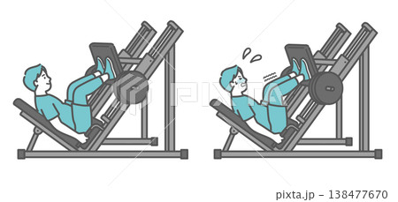 笑顔でレッグプレスマシンを使うぽっちゃり男性と辛そうにするぽっちゃり男性の比較セットイラスト 138477670